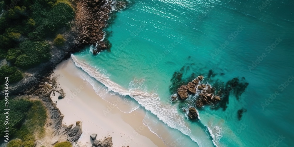 Canvas Prints A beautiful picture of a rocky beach with a cliff from above.Aerial view. Panoramic shot. Generative AI