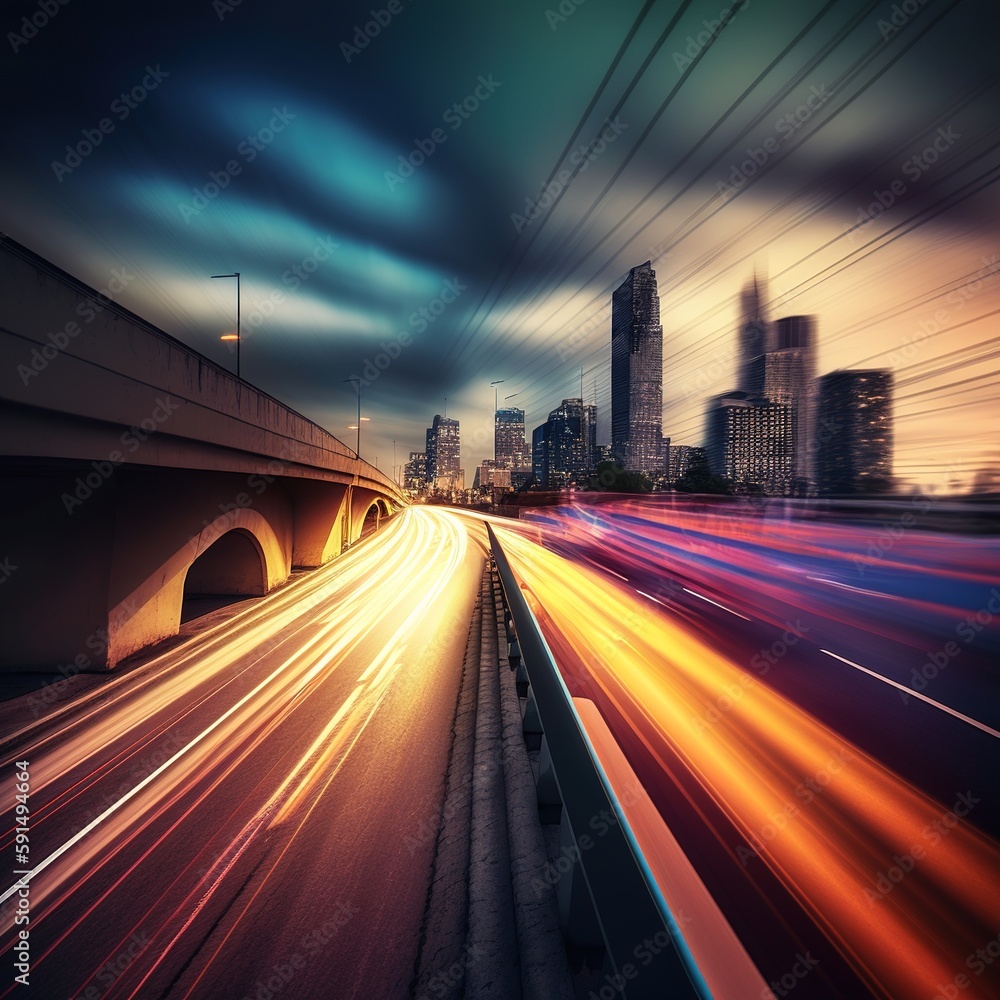 Poster abstract speed light flow through the city with gradient and aesthetic intricate lighting design. ge