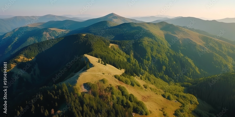 Poster A view from a height of a mountain peak with green trees in the fog.Aerial view. Panoramic shot. Generative AI