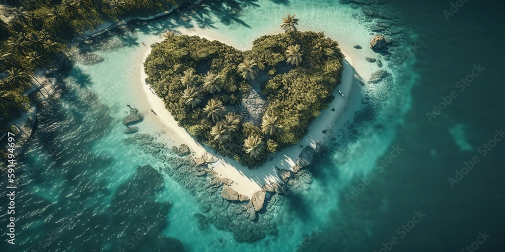 Aufkleber view of the heart-shaped island in the middle of the sea with clear blue water and green palm trees.