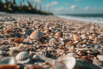 Fototapeta na wymiar a lot of shells on the sea or ocean. resort shore beach, sun and water. ai generative