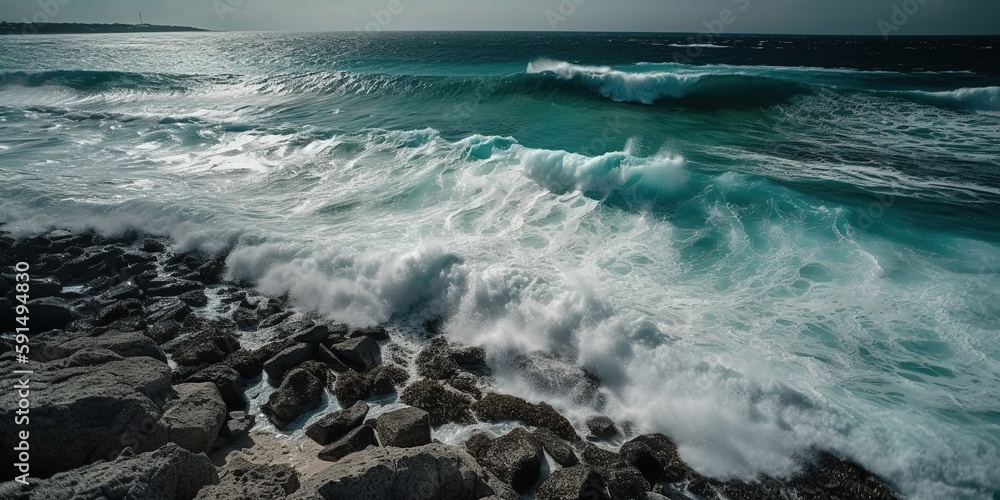 Poster top view of a beautiful tropical beach with sea waves.aerial view. panoramic shot. generative ai