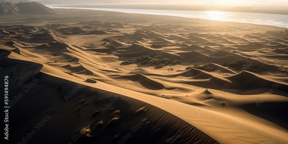 Poster View from the height of the desert in sunny. Aerial view. Panoramic shot. Generative AI
