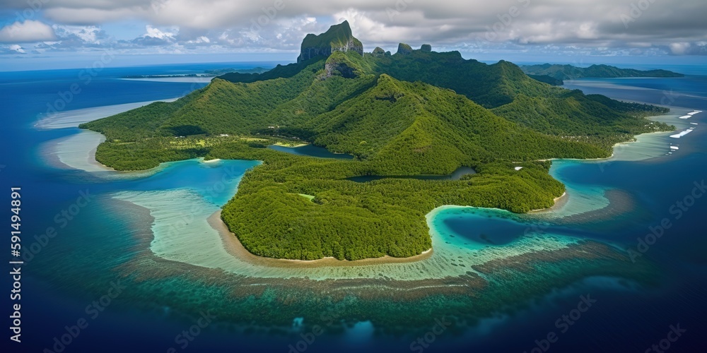 Poster view of the island in the middle of the sea with clear blue water and green palm trees.aerial view. 