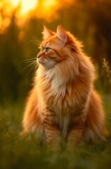 Naklejka na ściany i meble Fluffy red cat sits in the grass outdoor. Generative AI.