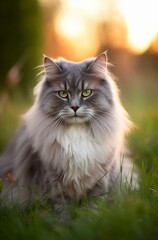 Naklejka na ściany i meble Fluffy gray cat sits on the grass outdoor. Generative AI.