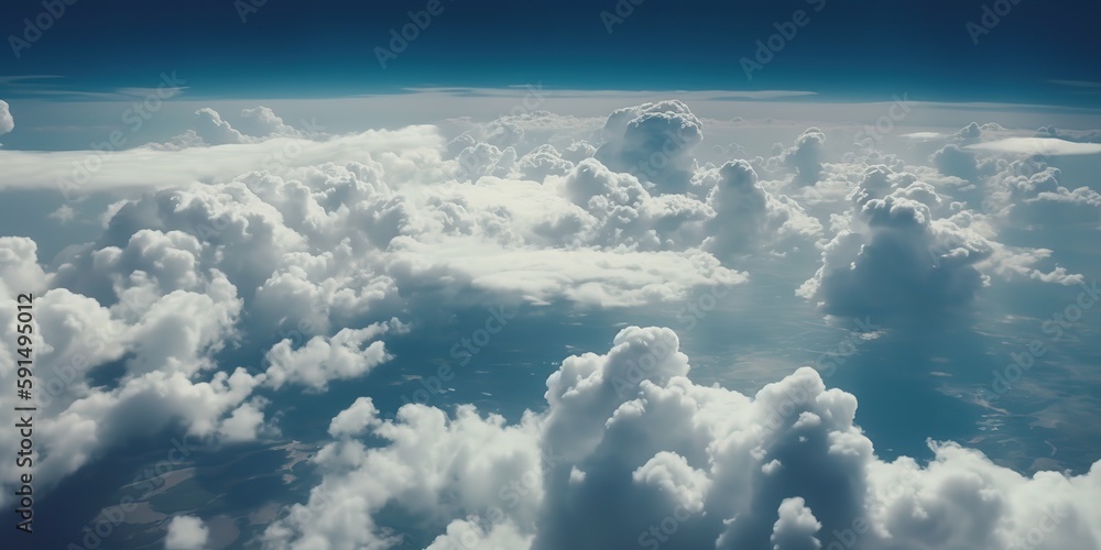 Poster View from the height of the clouds.Aerial view. Panoramic shot. Generative AI