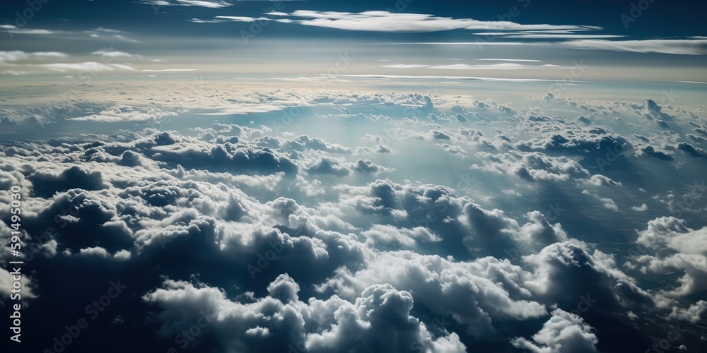 Poster View from the height of the clouds.Aerial view. Panoramic shot. Generative AI