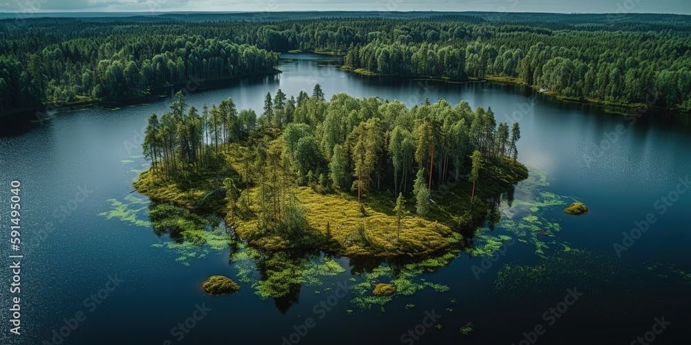 Poster view of the island in the middle of the sea with clear blue water and green palm trees.aerial view. 