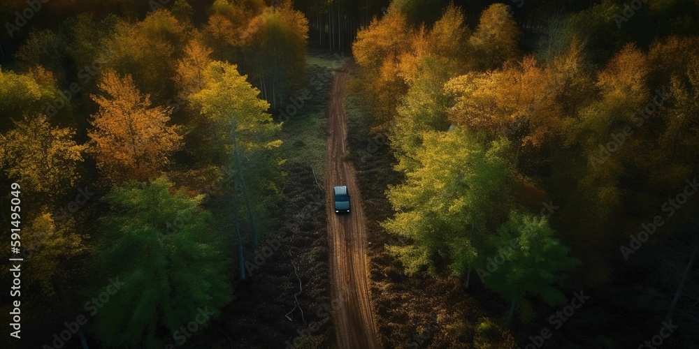 Poster bird's-eye view of the road in the middle of the forest.aerial view. panoramic shot. generative ai