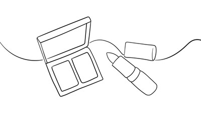 Obraz premium Makeup Cosmetics outline. Lipstick and make-up powder. Eyeliner makeup continuous one line drawing. Decorative cosmetics on white background
