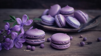 Obraz na płótnie Canvas macarons à la violette sur une table en bois avec des fleurs de violette