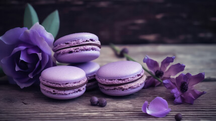 Obraz na płótnie Canvas macarons à la violette sur une table en bois avec des fleurs de violette