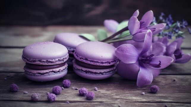 macarons &agrave; la violette sur une table en bois avec des fleurs de violette