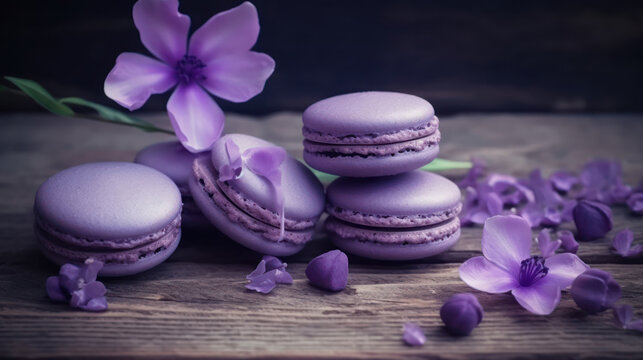 macarons &agrave; la violette sur une table en bois avec des fleurs de violette