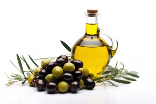 Petite bouteille d'huile d'olive avec bouchon en liège  présenté avec des olives sur fond blanc
