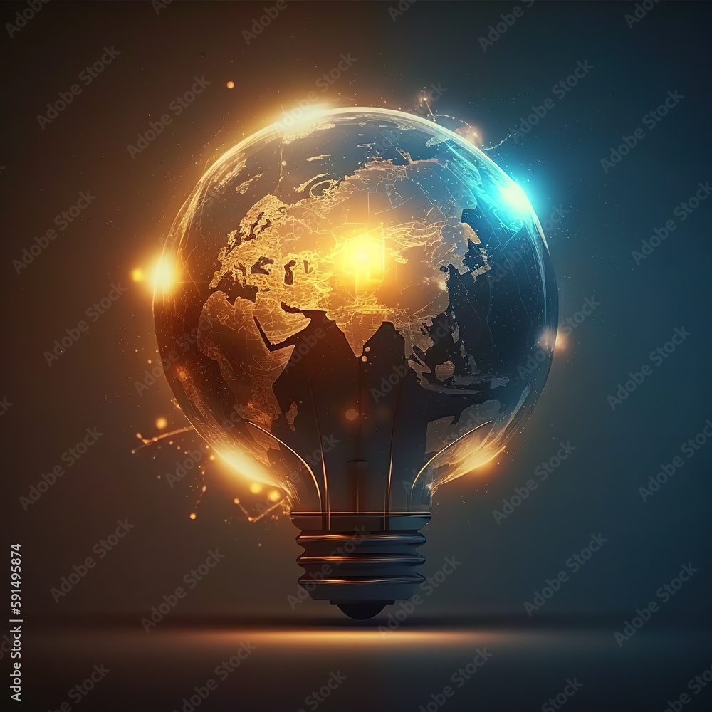 Poster light bulb with world map. generative ai