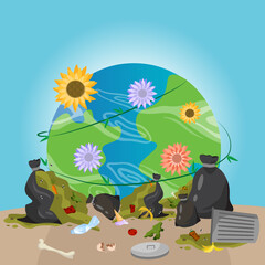 polluted planet scatters flowers and garbage ecology