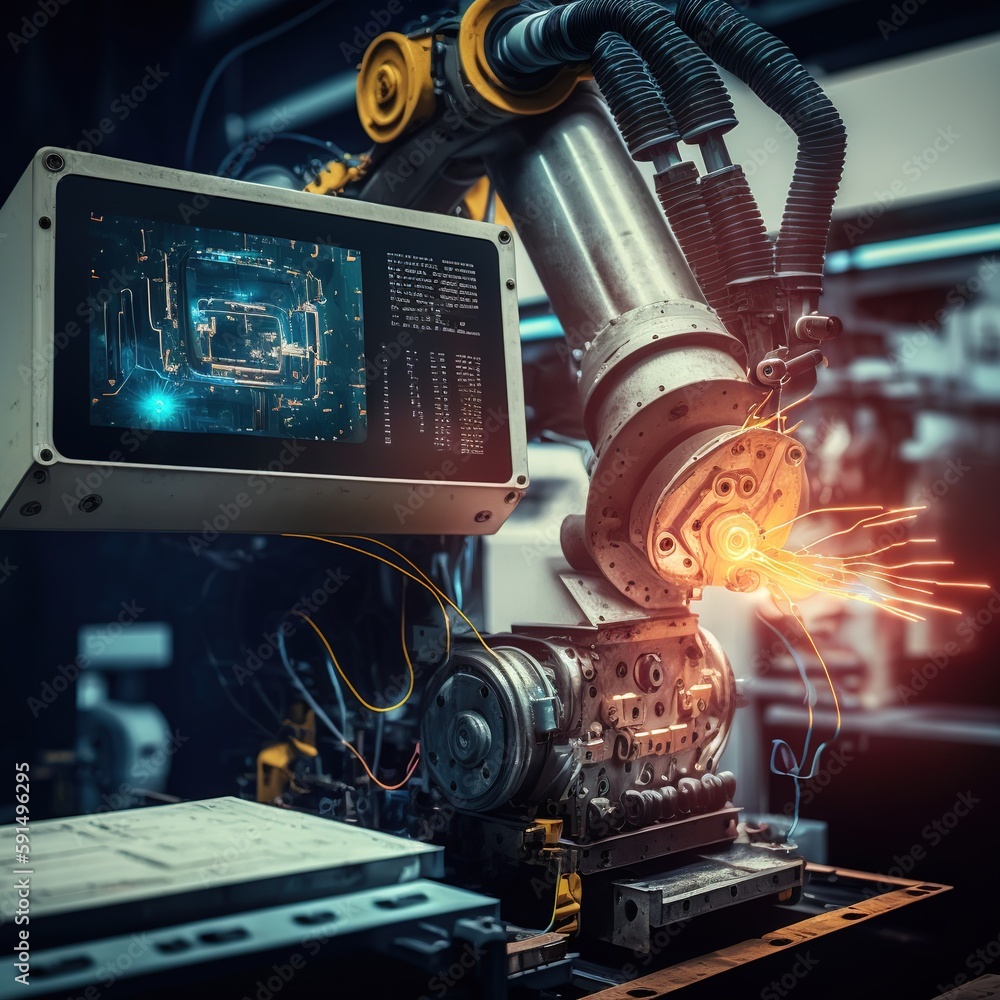 Poster control welding robotics automated arms machine in intelligent factory automobile industry. operatio