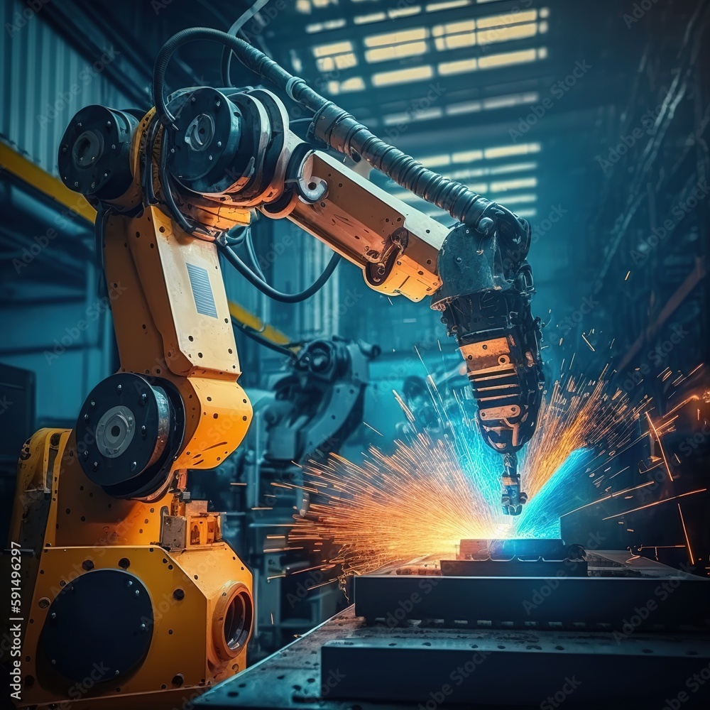 Poster control welding robotics automated arms machine in intelligent factory automobile industry. operatio