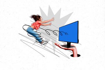Creative collage portrait of arm hold pc screen absorb brainwashing mini excited girl isolated on painted background