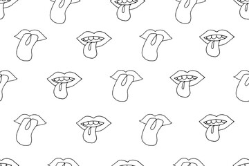 Simple seamless pattern with Mouth with Tongue sticking out. Crazy endless background. Groovy backdrop with Tongue. Vector illustration.