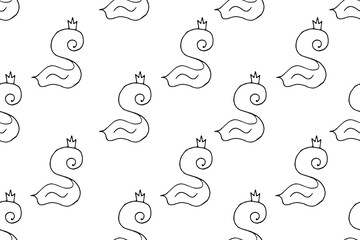 Doodle seamless pattern with outline Swan. Endless ornament with simple black hand drawn Swan with crown. Children bed linen and textile print. Vector illustration. 