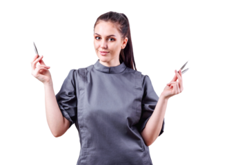 Beautician woman shows eyebrow tweezers in hands. Girl with tool in studio. Isolated 