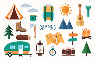 Hiking and camping flat elements isolated on white background