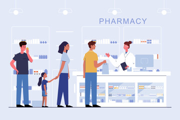 pharmacy with pharmacist and client in counter. drugstore cartoon character design vector illustration