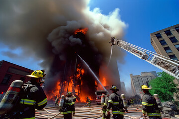 Obraz premium a group of fire fighters putting down a building on flames, ai generative