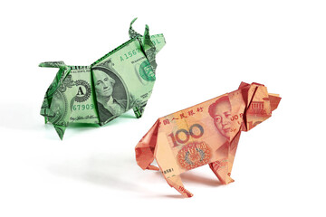 Origami Bull dollar and bear Chinese yuan, run in run competitions, isolated on white background
