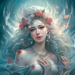 Fantasy goddess of love in flowers on blue background. Character design. Generative AI.