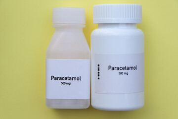 Paracetamol pill in white bottle, pill stock