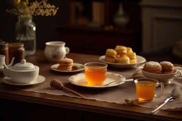 Fototapeta na wymiar A cozy, honey tea scene, featuring a steaming cup of tea sweetened with a drizzle of golden honey, accompanied by a plate of honey flavored biscuits set in a warm, inviting atmosphere. Generative AI