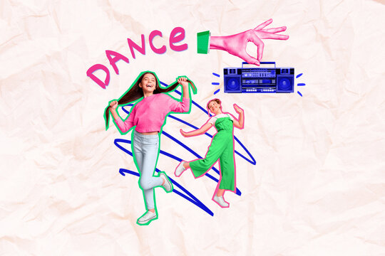 Creative collage picture of two mini positive cheerful girls dancing big arm hold boombox isolated on drawing background