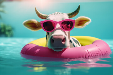 Adorable cow relaxing on an inflatable pool float in a swimming pool. Generative AI - obrazy, fototapety, plakaty