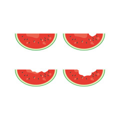Cartoon sliced watermelon fruit. Different eating status. Isolated on white background, flat design, EPS10 vector