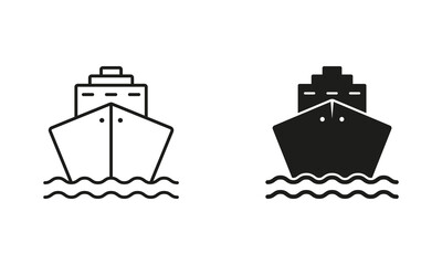 Cruise Ship Line and Silhouette Black Icon Set. Ocean Vessel Pictogram. Cargo Boat, Freight Marine Outline and Solid Symbol Collection on White Background. Isolated Vector Illustration