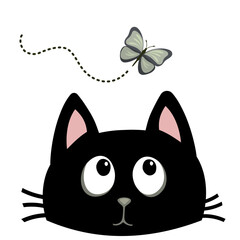 Cute black cat watching a flying butterfly, vector illustration, print for design.