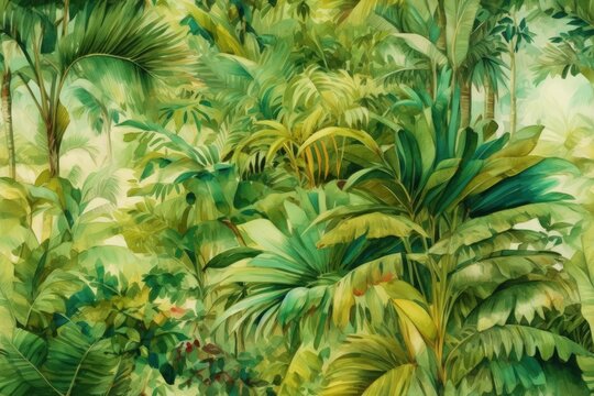 "Island Oasis" - watercolor painting of swaying palm trees and verdant tropical plants for texture background photo wallpaper.