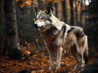 A lone wolf standing strong and fearless in a forest clearing