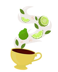 Bergamot and tea in a cup. Vector stock illustration. Fresh lime fruits, bergamot, citrus fruits and green tea leaves. a fragrant herbal drink. Isolated on a white background.