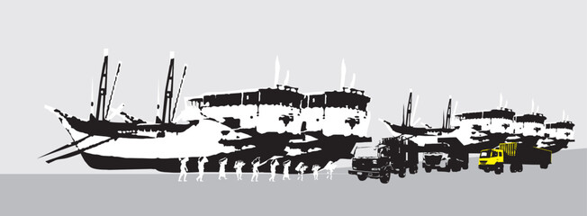 Obraz premium Digital illustration of wooden ships, container trucks, porters at Sunda Kelapa port, Jakarta