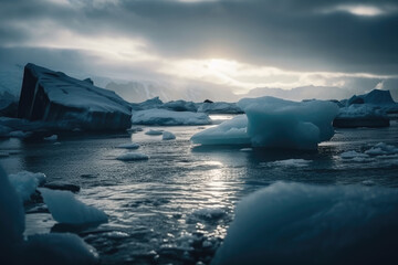 Fototapeta na wymiar A Group of Icebergs Floating in A Body of Water With A Sky Background and Sun Shining Through The Clouds in The Distance, Climate Changes Generative AI