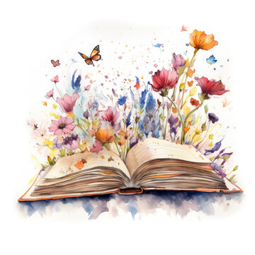 watercolor open book with flowers. generative ai