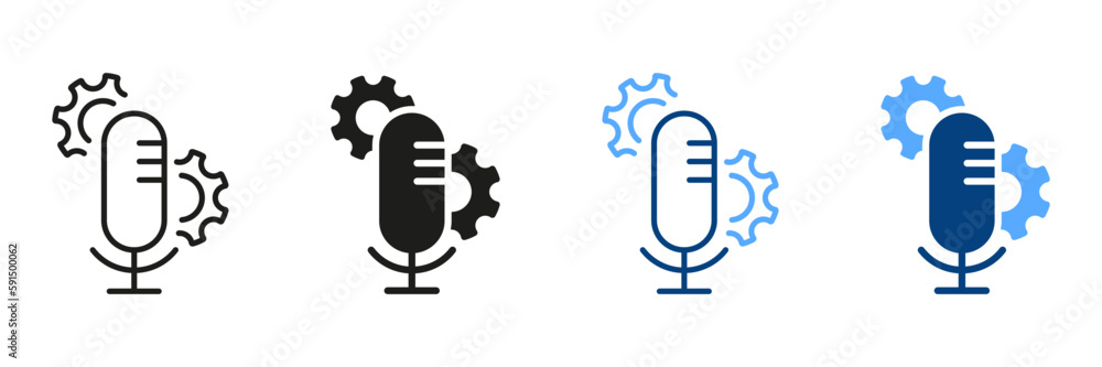 Poster audio recording settings black and color pictogram. microphone sound configuration line and silhouet