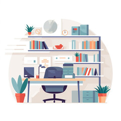 A flat illustration of a scene on a white background with Office decor the office space, highlighting the decor, furnishings, and unique features style 6
