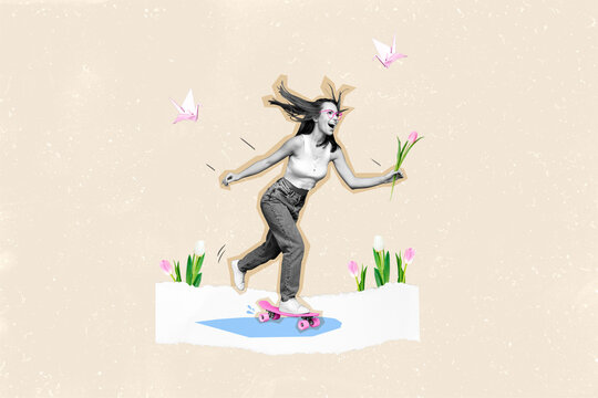 Creative photo collage artwork illustration of happy positive good mood girl enjoy skating hold tulip isolated on painting background