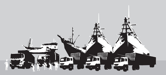 Digital illustration of wooden ships, container trucks, porters at Sunda Kelapa port, Jakarta